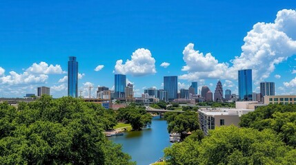 Fototapeta premium Stunning Austin Texas Skyline Cityscape View with River and Lush Greenery