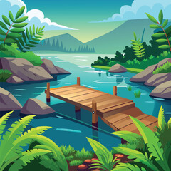 Peaceful lake scene with a wooden dock