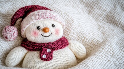 Knitted snowman toy in a knitted hat and scarf on a white blanket.