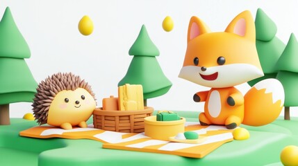 Cute fox and hedgehog enjoying a picnic in a 3D rendered scene.