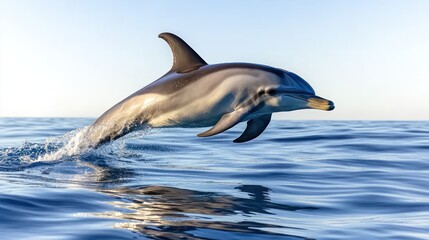 Fototapeta premium A dolphin gracefully leaps above the ocean surface at sunset.