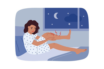 Sharp cramp woke up woman, clutching at leg lying in bed, experiencing stabbing pain prevented from sleeping. Problem of night cramps worries teenage girl lying near window overlooking starry sky.