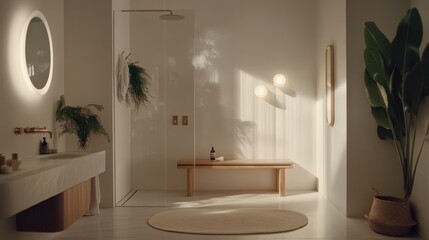 Minimalist bathroom with marble sink, wooden bench, and plants.