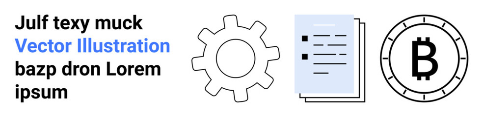 Gear icon, documents, and Bitcoin symbol. Ideal for technology, finance, cryptocurrency, digital documentation, automation, business processes, modern applications. Landing page