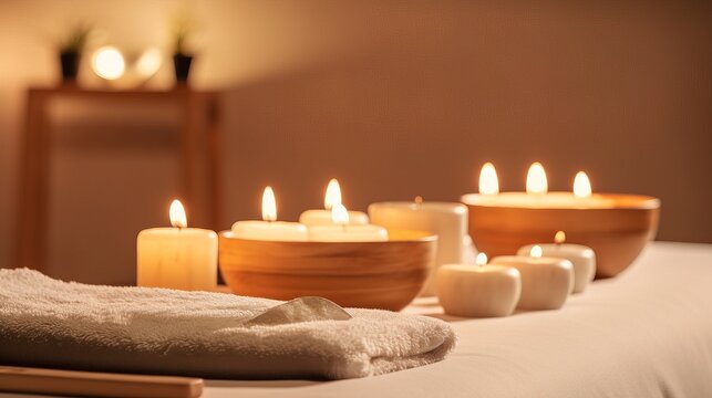 Aromatherapy candles and towels in a spa setting