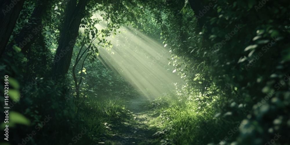 Poster sunlight streams through a canopy of trees, illuminating a serene forest path enveloped by vibrant f