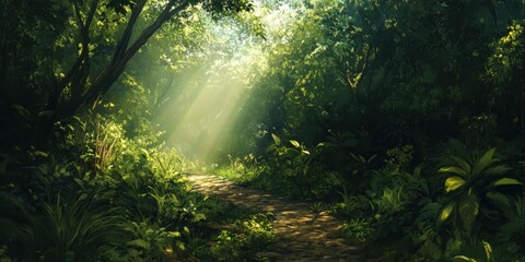 Rays of sunlight shine down on a winding path in a verdant forest, illuminating various plants and creating a serene, peaceful atmosphere