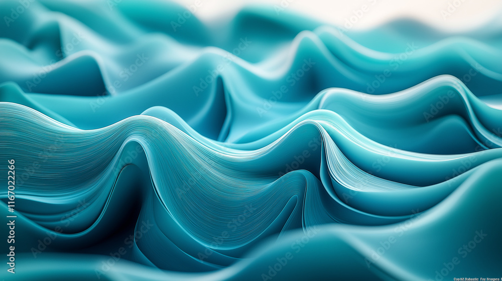 Poster Abstract flowing digital waves with a 3D effect in shades of teal, blue, and white. The design mimics fluidity and data movement in a futuristic style.