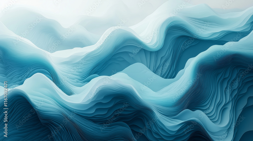 Fototapete Abstract flowing digital waves with a 3D effect in shades of teal, blue, and white. The design mimics fluidity and data movement in a futuristic style.