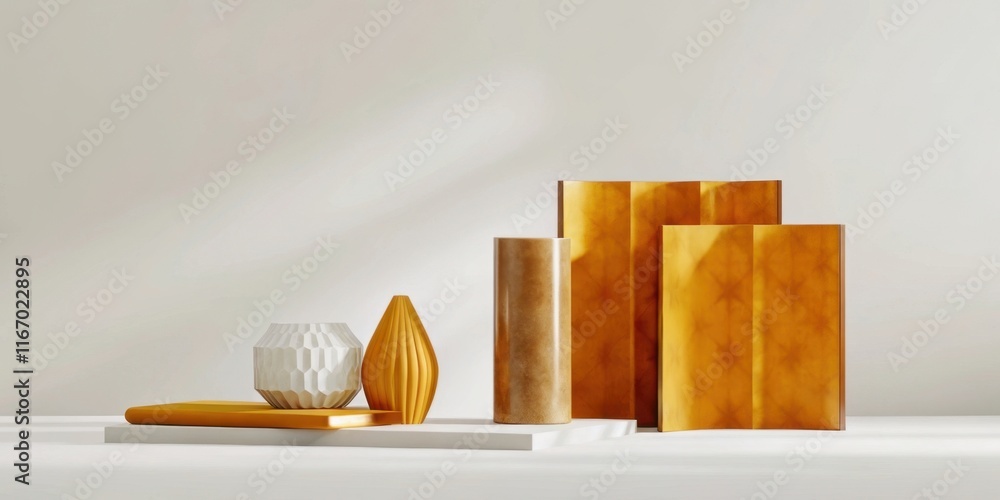 Poster a modern display of decorative vases and objects in warm hues, elegantly arranged on a minimalist su