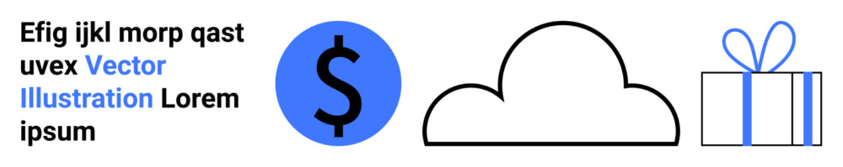 Dollar sign, cloud, and gift box icons with placeholder text. Ideal for financial services, cloud computing, gifting, marketing, e-commerce digital resources business strategy. Landing page
