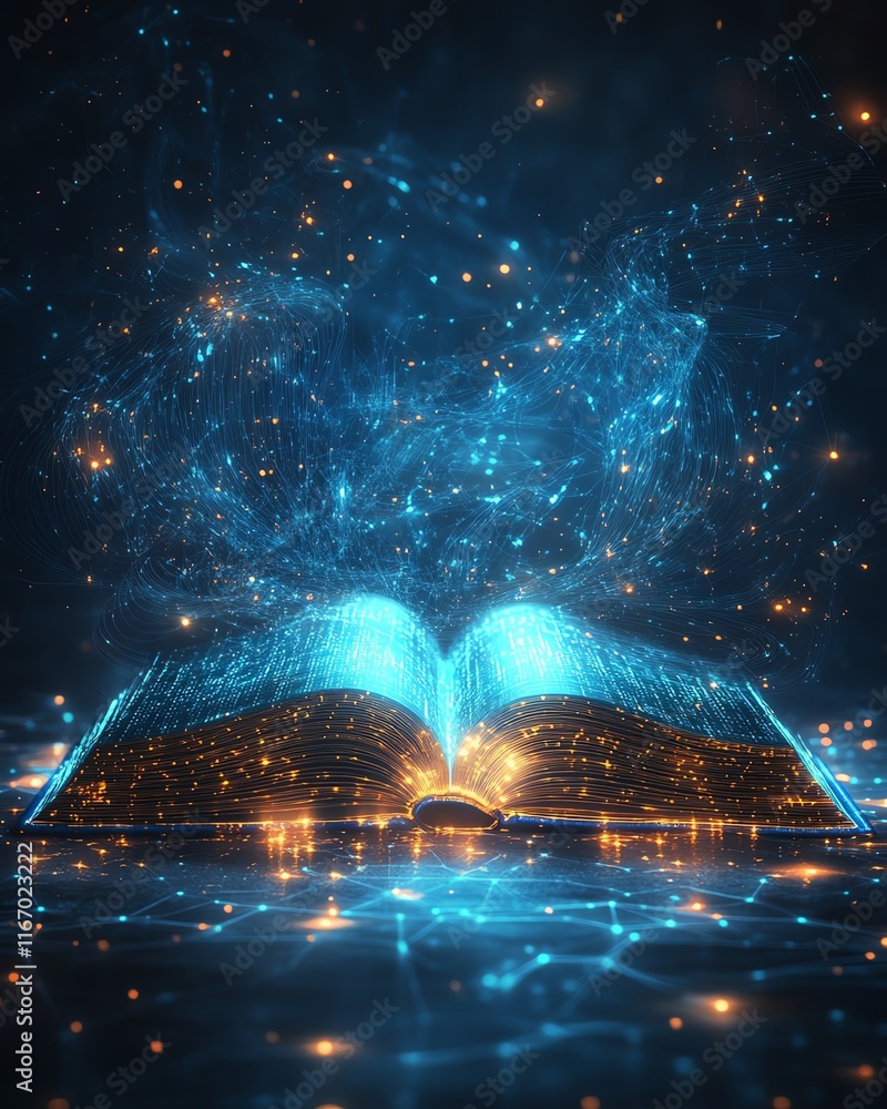 Poster open book glowing with ethereal light, casting enchanting rays that weave into an abstract, technolo
