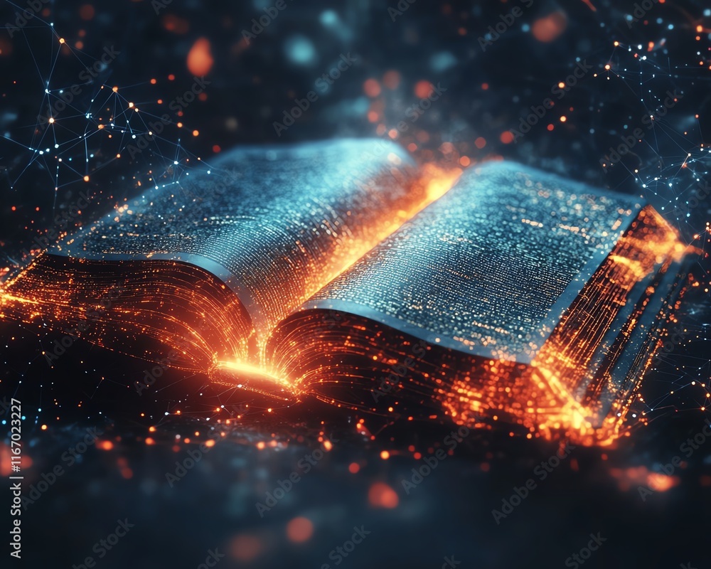 Aufkleber open book glowing with ethereal light, casting enchanting rays that weave into an abstract, technolo