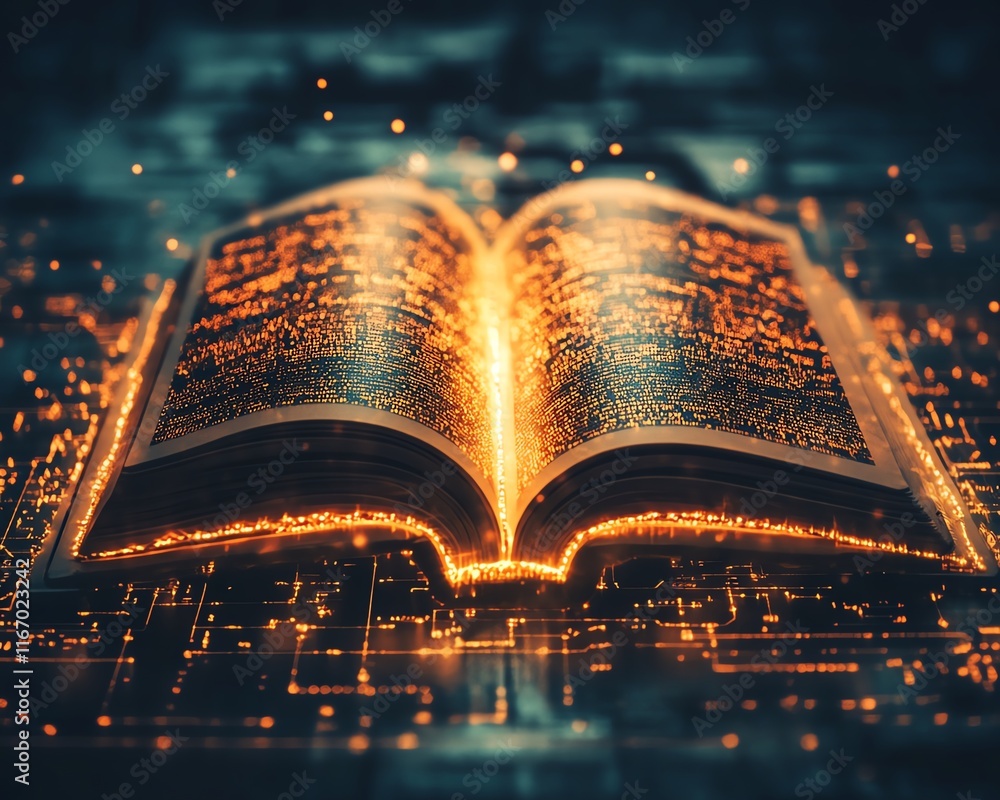 Aufkleber open book glowing with ethereal light, casting enchanting rays that weave into an abstract, technolo