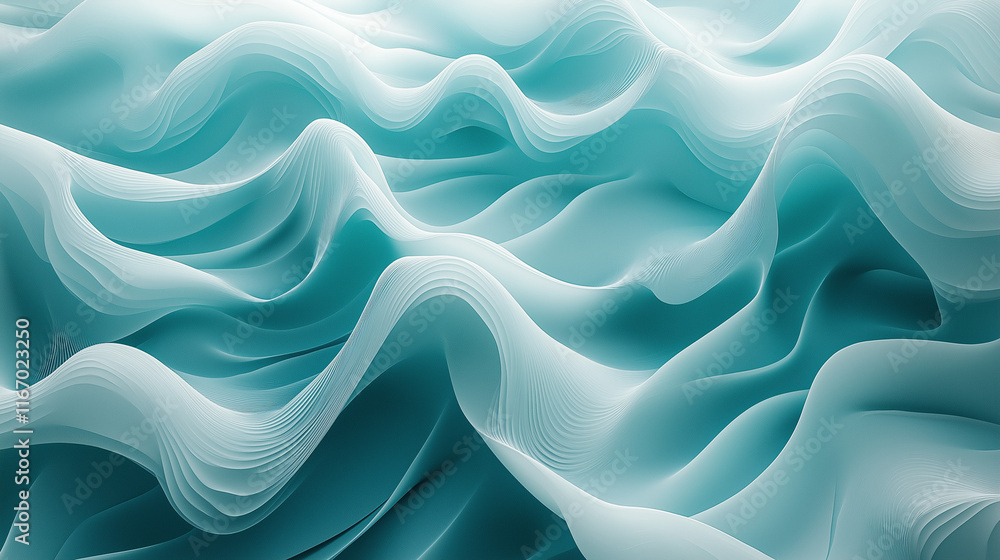 Poster Abstract digital waves in teal and blue tones with a 3D effect. A sleek background ideal for innovative and tech-inspired designs.
