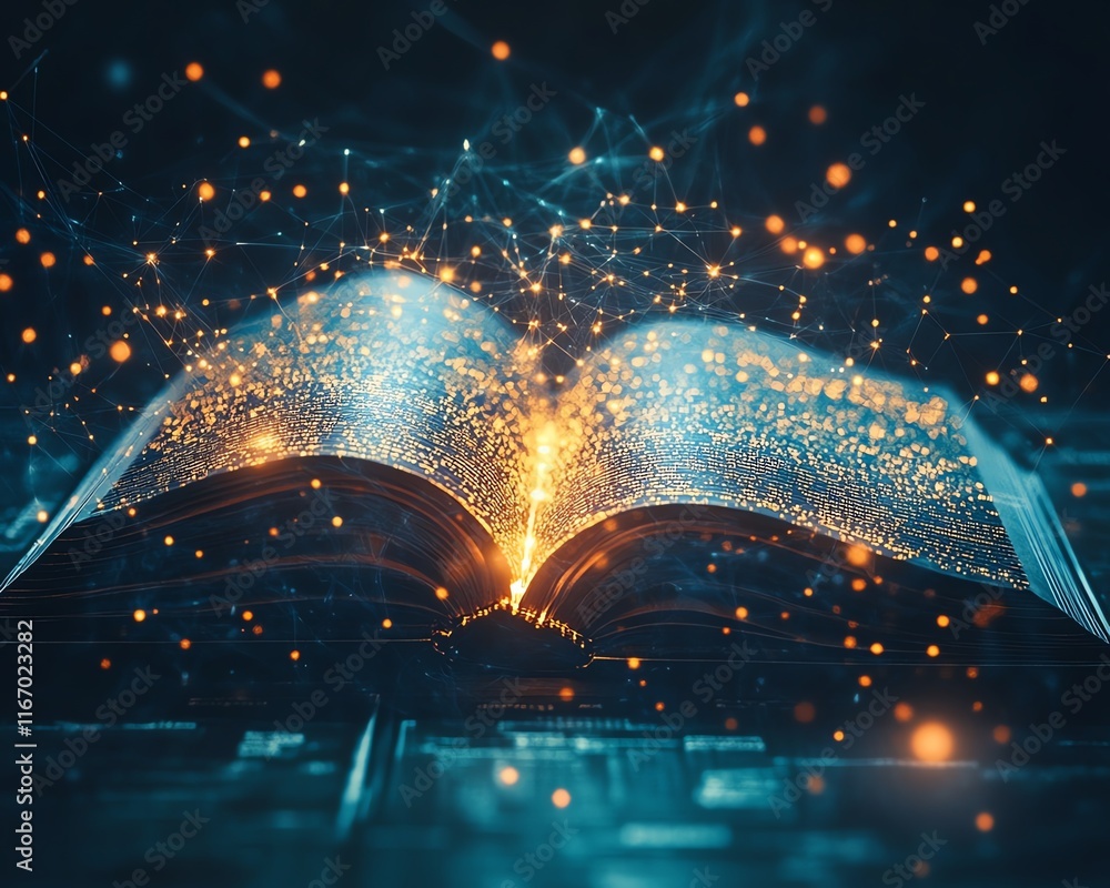 Aufkleber open book glowing with ethereal light, casting enchanting rays that weave into an abstract, technolo