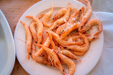 A plate of fresh boiled shrimp garnished with sea salt. Enjoying lunch in the seaside town of El Rompido. Caravel Quay Museum, Spain.