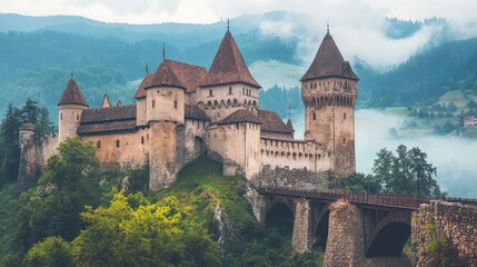 Fototapeta premium medieval castle with bridge on a wooded mountain