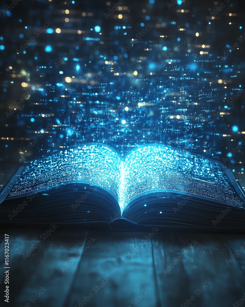Fototapete open book with a glowing, ethereal light, casting captivating rays that create an abstract, technolo