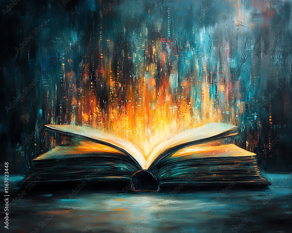 Fototapete open book with a glowing, mystical light, casting enchanting rays that create a technologyinspired a