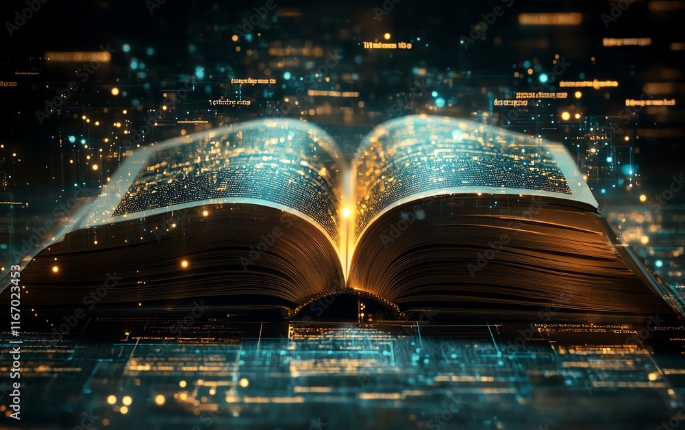 Fototapete open book radiating a mystical glow, casting ethereal light rays that form an abstract, technologyth
