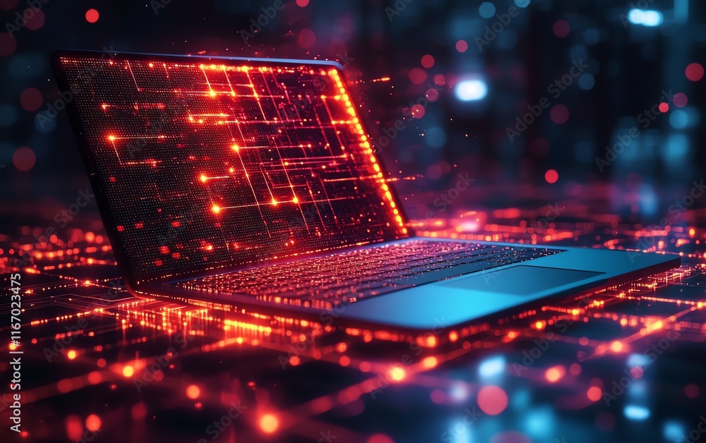 Poster Abstract technology background featuring a sleek laptop, with a network of interconnected nodes and circuits, capturing the essence of innovation and seamless connectivity