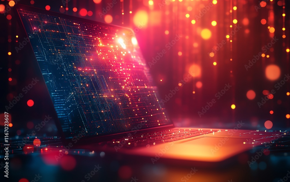 Fototapete Abstract technology background featuring a sleek laptop, with a network of interconnected nodes and circuits, capturing the essence of innovation and seamless connectivity