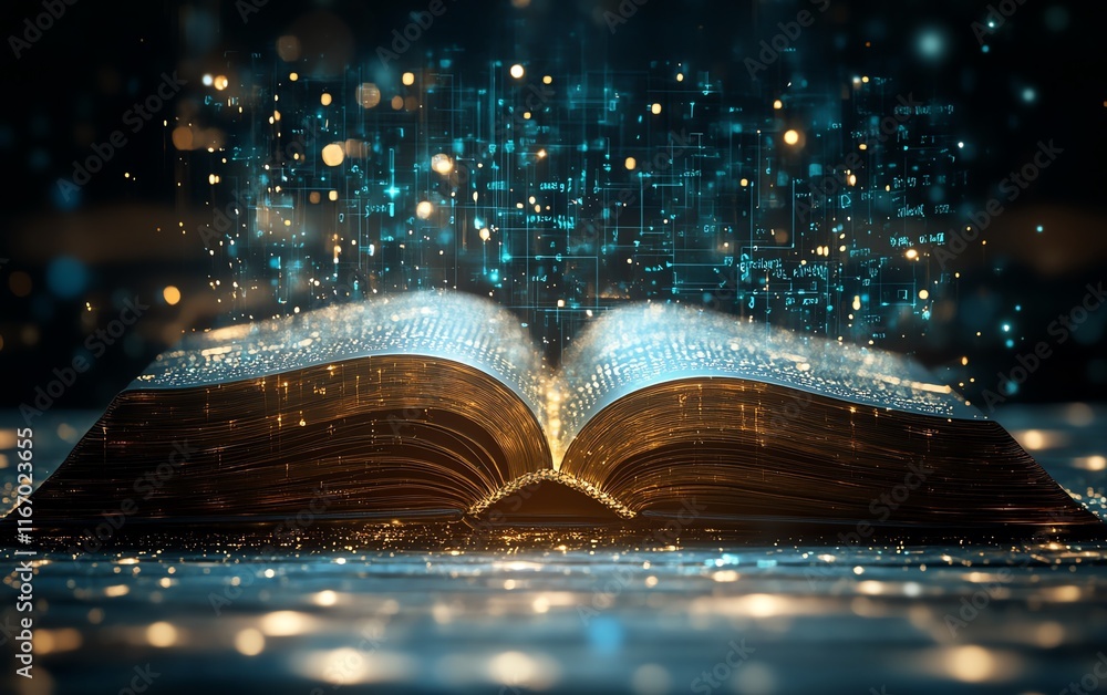 Fototapete Ethereal glow emanating from an open book, casting rays of light that blend into an abstract technologyinspired background, showcasing digital innovation and creativity