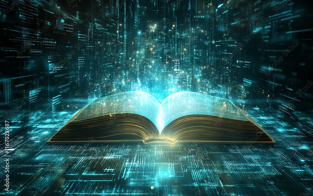 Fototapete ethereal glow emanating from an open book, casting rays of light that blend into an abstract technol