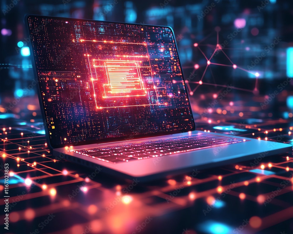 Leinwandbilder futuristic laptop set in a dynamic abstract technology scene, featuring interconnected nodes and cir