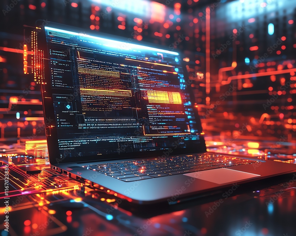 Leinwandbilder Futuristic laptop set in a dynamic abstract technology scene, featuring interconnected nodes and circuits, representing the digital age of connectivity and innovation
