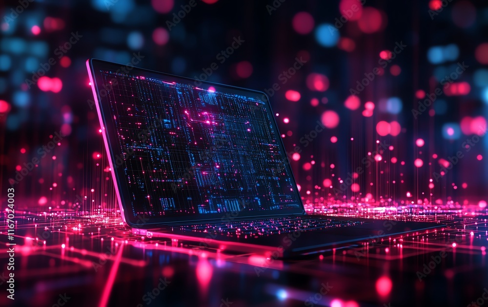 Poster Laptop against a dynamic abstract technology backdrop, showcasing a network of interconnected circuits and nodes, symbolizing innovation and connectivity in the digital age