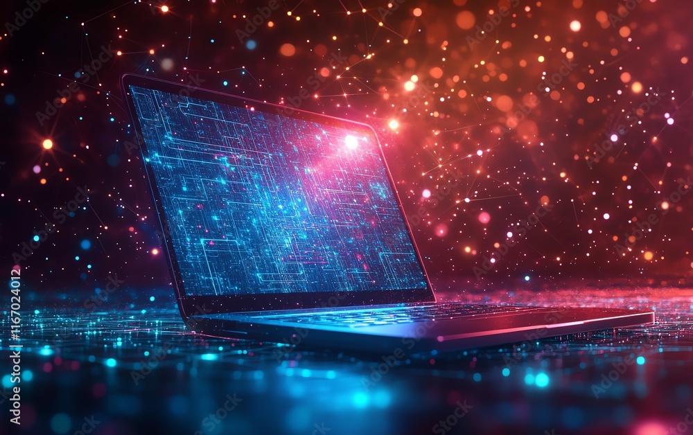Aufkleber Laptop against a dynamic abstract technology backdrop, showcasing a network of interconnected circuits and nodes, symbolizing innovation and connectivity in the digital age