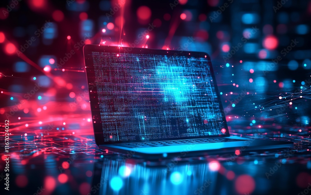 Leinwandbilder laptop against a dynamic abstract technology backdrop, showcasing a network of interconnected circui