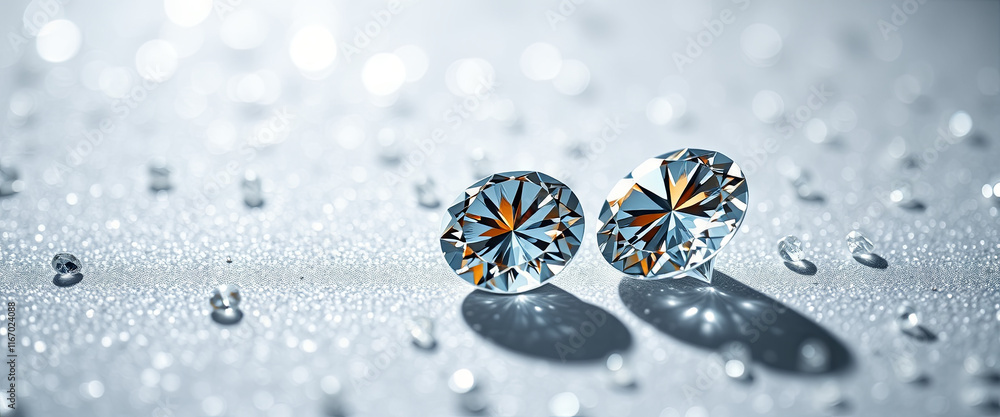 Poster two brilliantly cut diamonds rest on a glimmering surface dotted with smaller gemstones, creating an