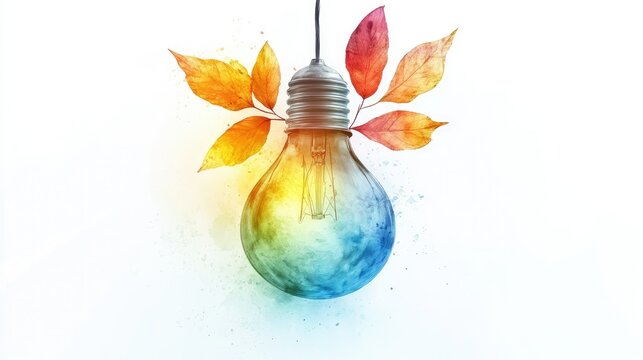 Watercolor lightbulb with autumn leaves, colorful, creative idea concept.