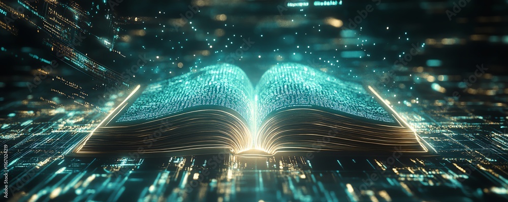 Poster mesmerizing open book emitting an ethereal glow, surrounded by enchanting rays of light, creating an