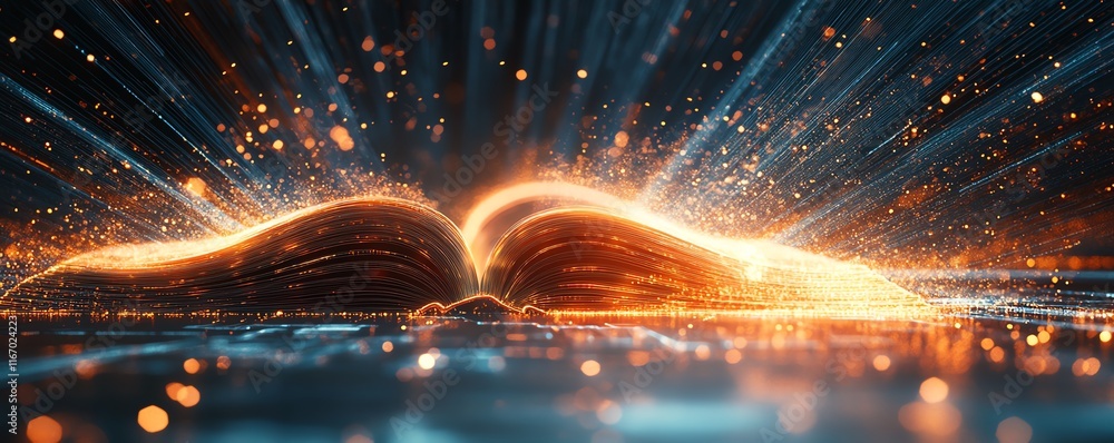 Poster mesmerizing open book emitting an ethereal glow, surrounded by enchanting rays of light, creating an