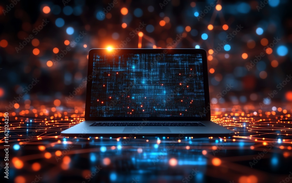Fototapete laptop against an abstract tech background with intricate nodes and circuits, representing the flow 