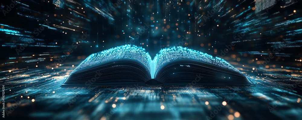 Poster Mesmerizing open book emitting an ethereal glow, surrounded by enchanting rays of light, creating an abstract technologyinspired background with digital elements
