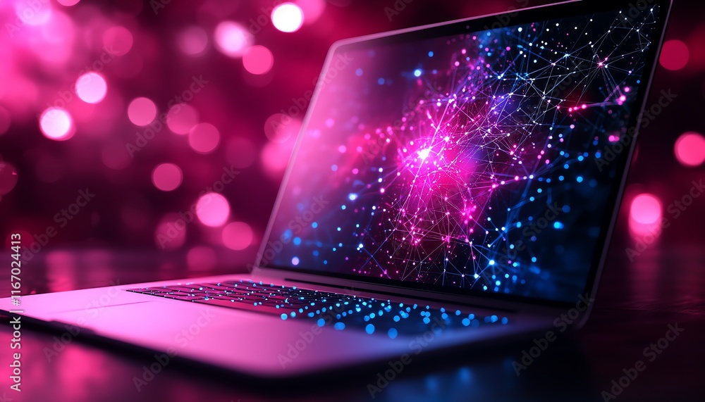 Poster modern laptop with a dynamic abstract background, showcasing a network of nodes and circuits, symbol