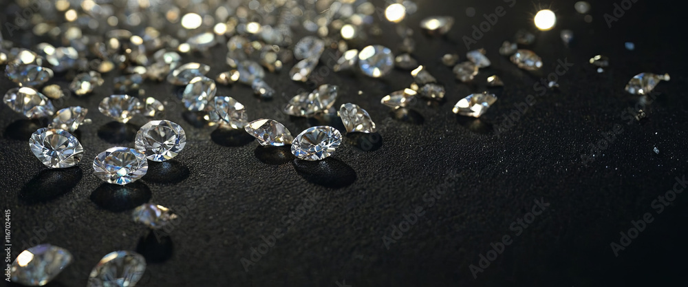 Poster a collection of sparkling diamonds is scattered across a dark surface, reflecting light and creating