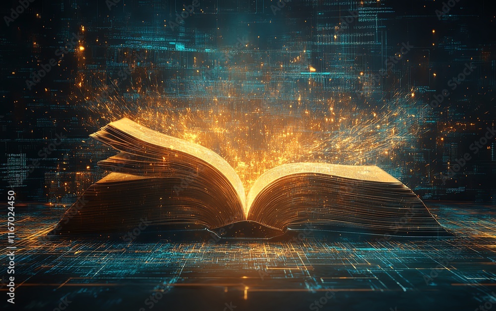 Aufkleber open book emitting a captivating glow, with ethereal light rays weaving into an abstract, technology