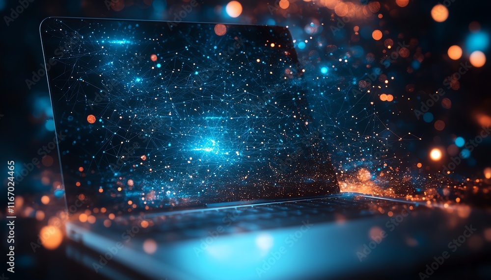 Poster modern laptop with a dynamic abstract background, showcasing a network of nodes and circuits, symbol