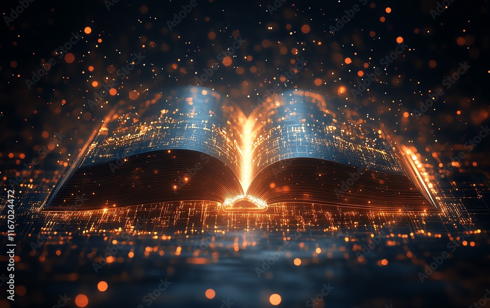 Poster open book emitting a captivating glow, with ethereal light rays weaving into an abstract, technology