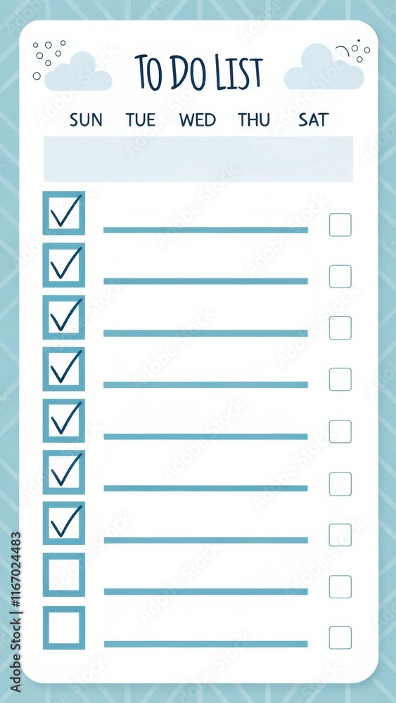 Poster a colorful weekly to-do list with checkboxes for tasks, organized by days of the week, designed for 