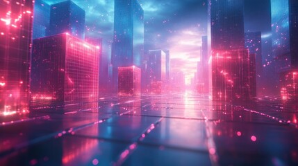 Naklejka premium Futuristic Neon Landscape in Cyberpunk Style with Glowing Geometric Shapes and Dramatic Lighting
