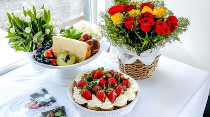 Elegant Dessert Platter with Strawberries Cake and Roses Festive Table Setting