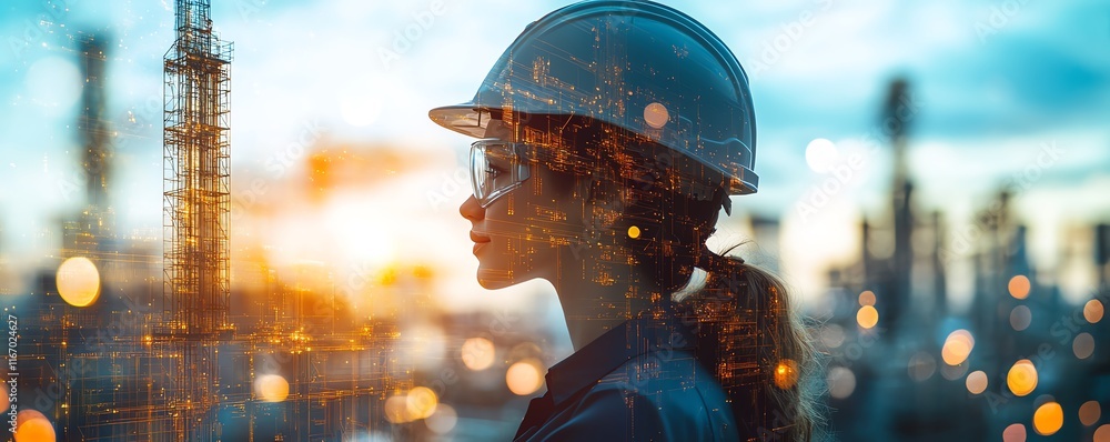 Poster futuristic construction engineering concept with a double exposure of engineers working alongside sm