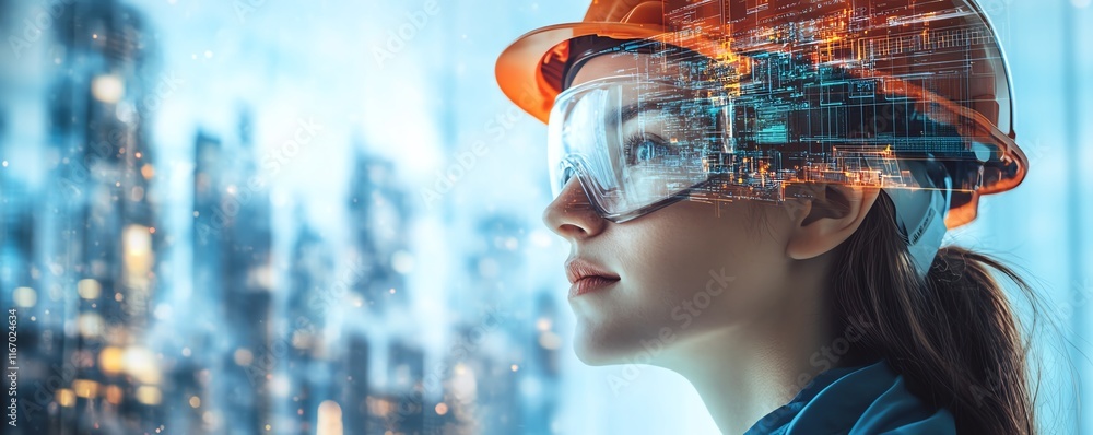 Poster futuristic construction engineering concept with a double exposure of engineers working alongside sm